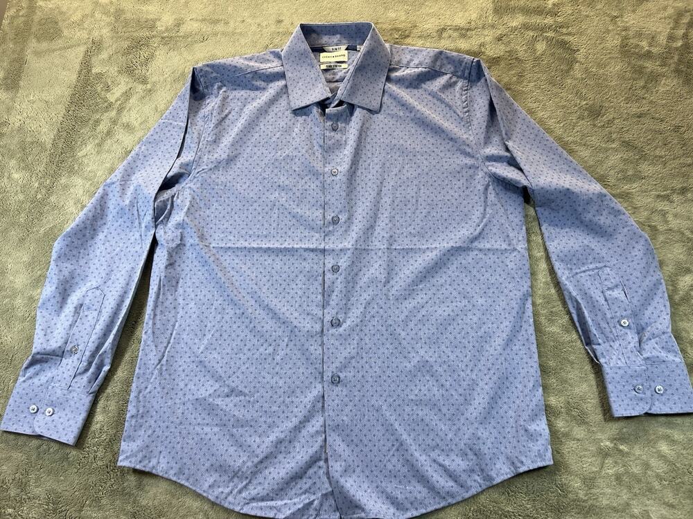 Lucky Brand 4 Way Stretch Slim Fit Dress Shirt Blue Geometric L 16/16.5 32/33